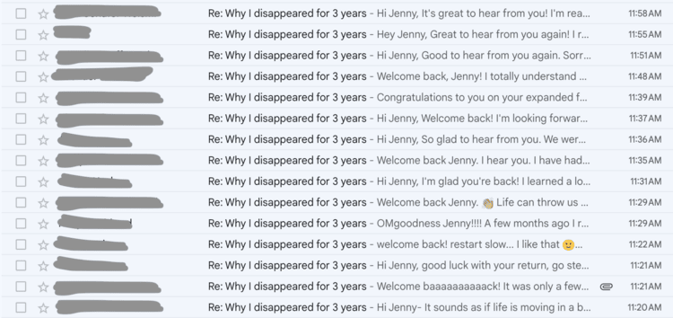 A screenshot of Jenny's inbox, full of replies from folks who read her first "I'm back" email.